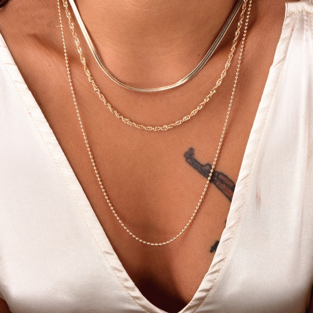Layered Snake Chain Twist Rope Chic Gold Necklace - Picture 4 of 7